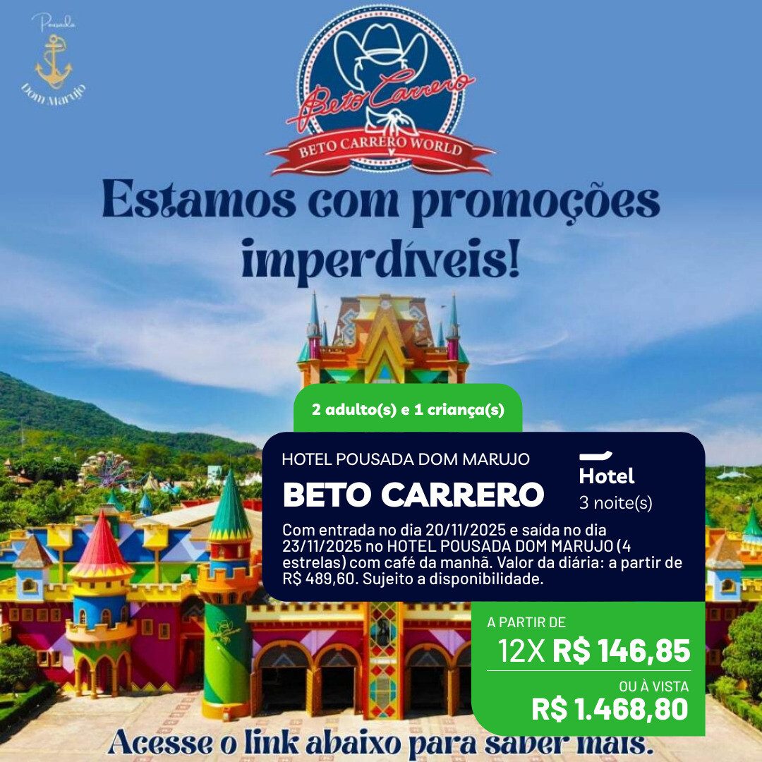 Beto Carrero - SC - 2 adultos e 1 criança ate 12 anos - 3 noites - Novembro