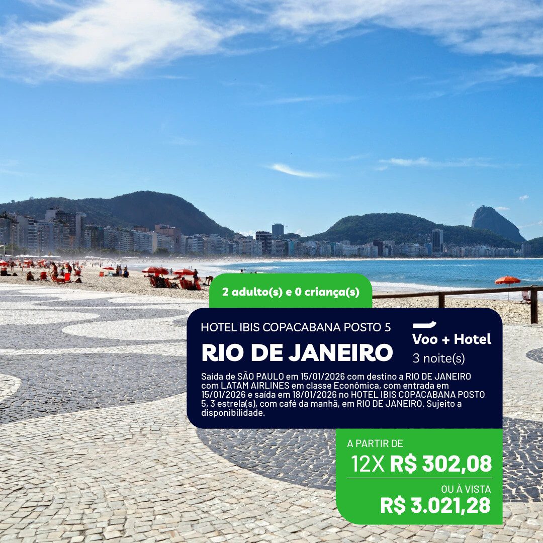 Copacabana - RJ - 2 adultos - 3 noites - Janeiro 2026 - 15-01 a 18-01-26 - Hotel Ibis Copacabana Posto 5